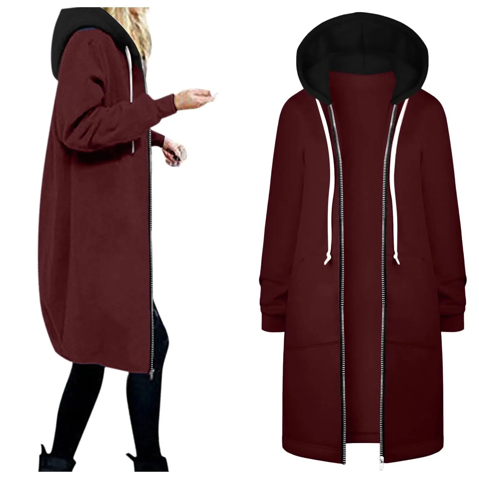 2023 Autumn Casual Women Long Jackets Zip Up Hoodies Sweatshirt Coat Outerwear Hooded Jacket Winter Pockets Outwear Tops Jaqueta