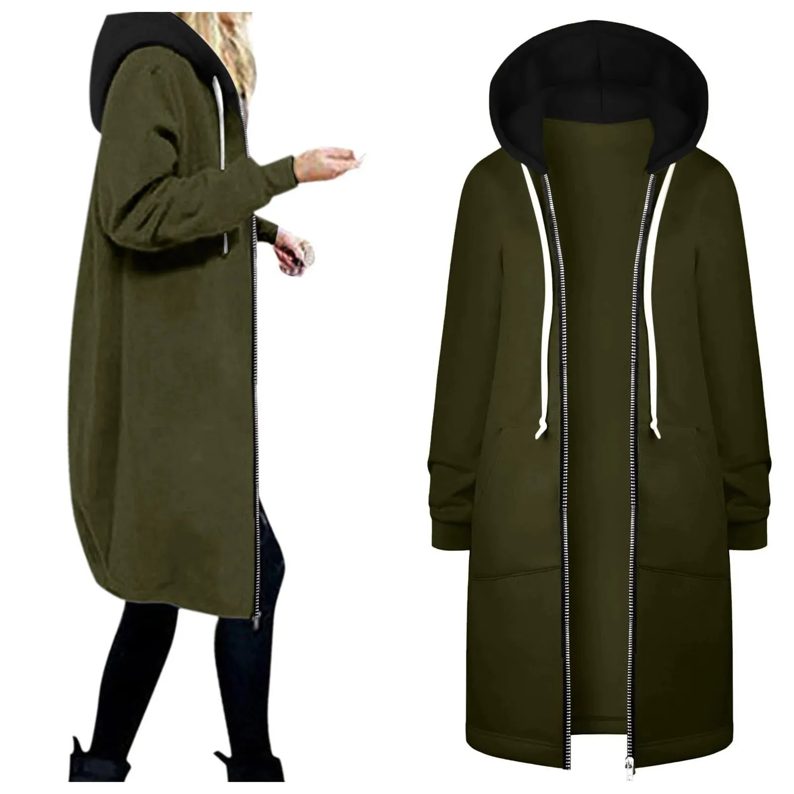 2023 Autumn Casual Women Long Jackets Zip Up Hoodies Sweatshirt Coat Outerwear Hooded Jacket Winter Pockets Outwear Tops Jaqueta