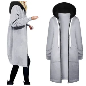 2023 Autumn Casual Women Long Jackets Zip Up Hoodies Sweatshirt Coat Outerwear Hooded Jacket Winter Pockets Outwear Tops Jaqueta