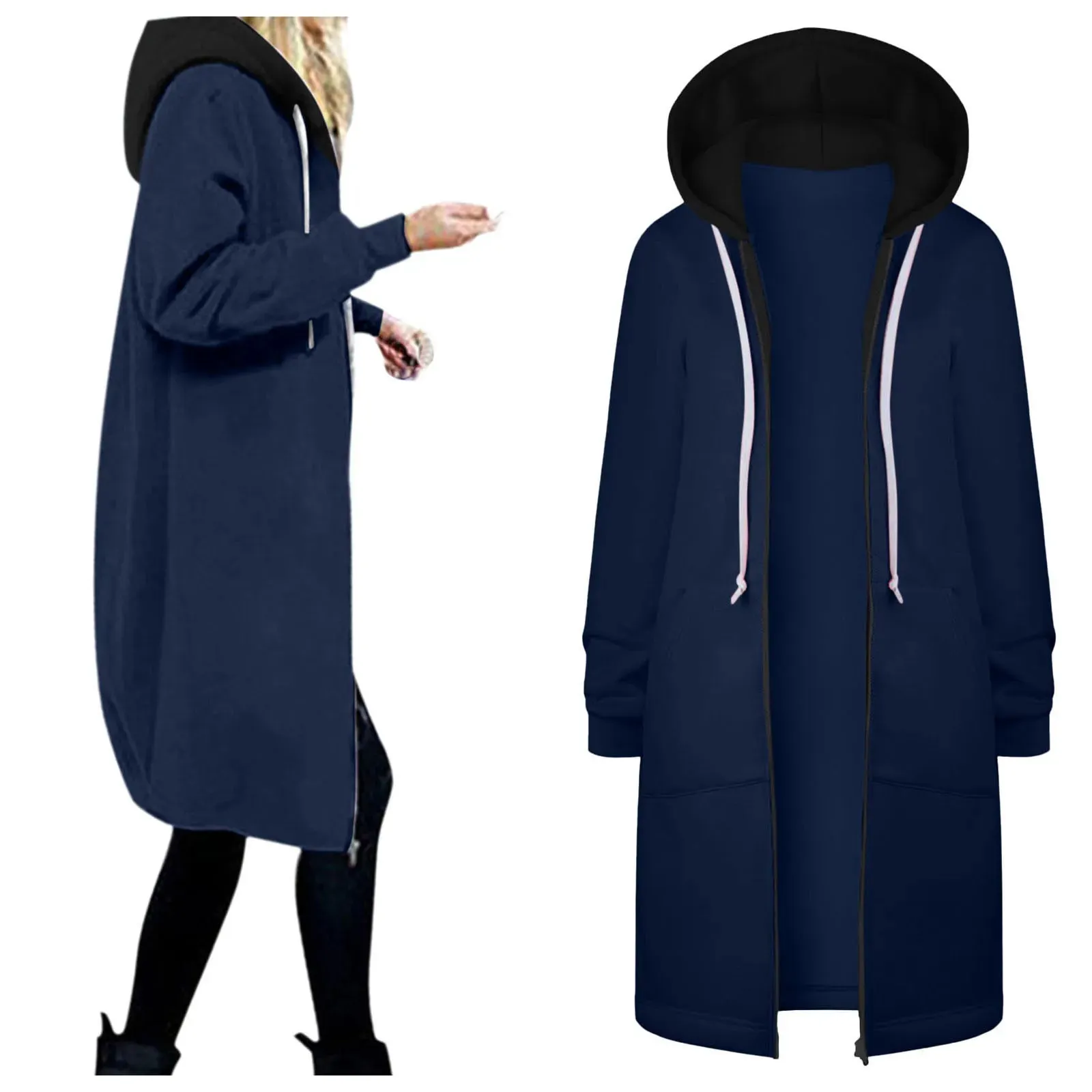 2023 Autumn Casual Women Long Jackets Zip Up Hoodies Sweatshirt Coat Outerwear Hooded Jacket Winter Pockets Outwear Tops Jaqueta