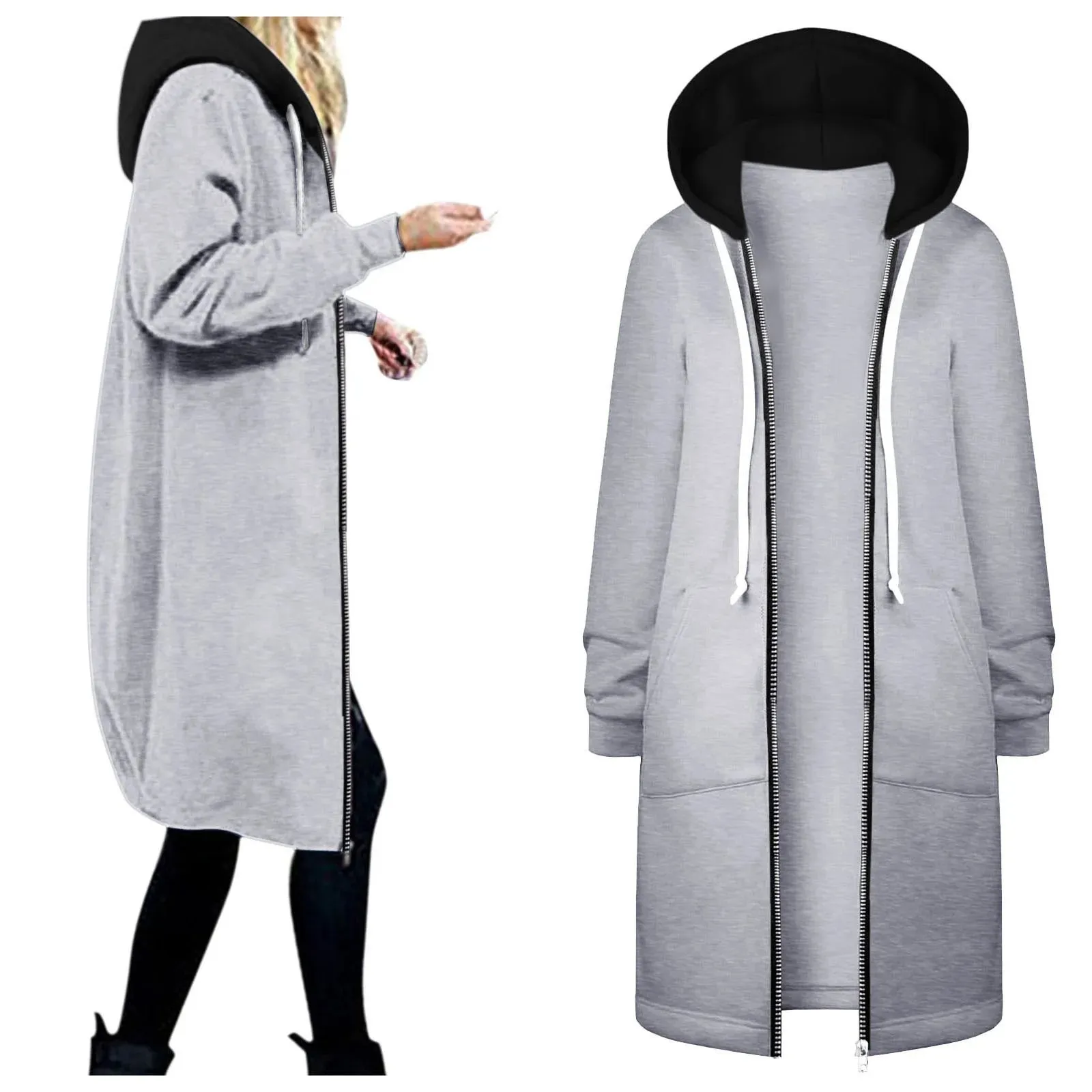 2023 Autumn Casual Women Long Jackets Zip Up Hoodies Sweatshirt Coat Outerwear Hooded Jacket Winter Pockets Outwear Tops Jaqueta