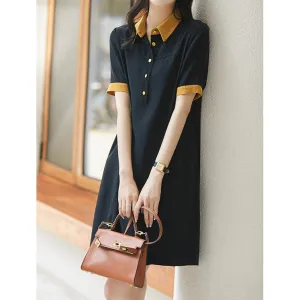 2025 Triacetic acid dress, age reduction and elegance!  summer new women's clothing Hepburn style little black dress POLO collar