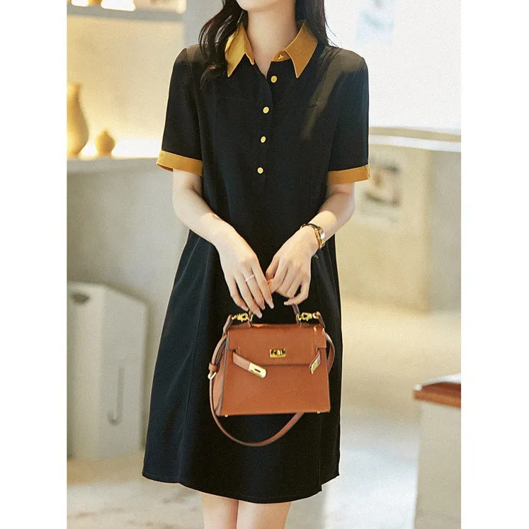 2025 Triacetic acid dress, age reduction and elegance!  summer new women's clothing Hepburn style little black dress POLO collar