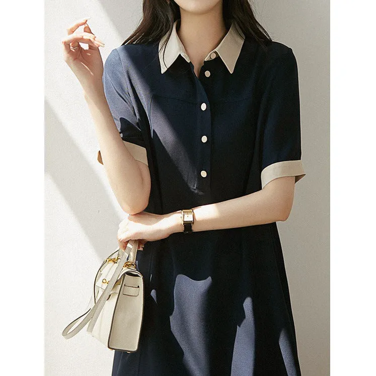 2025 Triacetic acid dress, age reduction and elegance!  summer new women's clothing Hepburn style little black dress POLO collar
