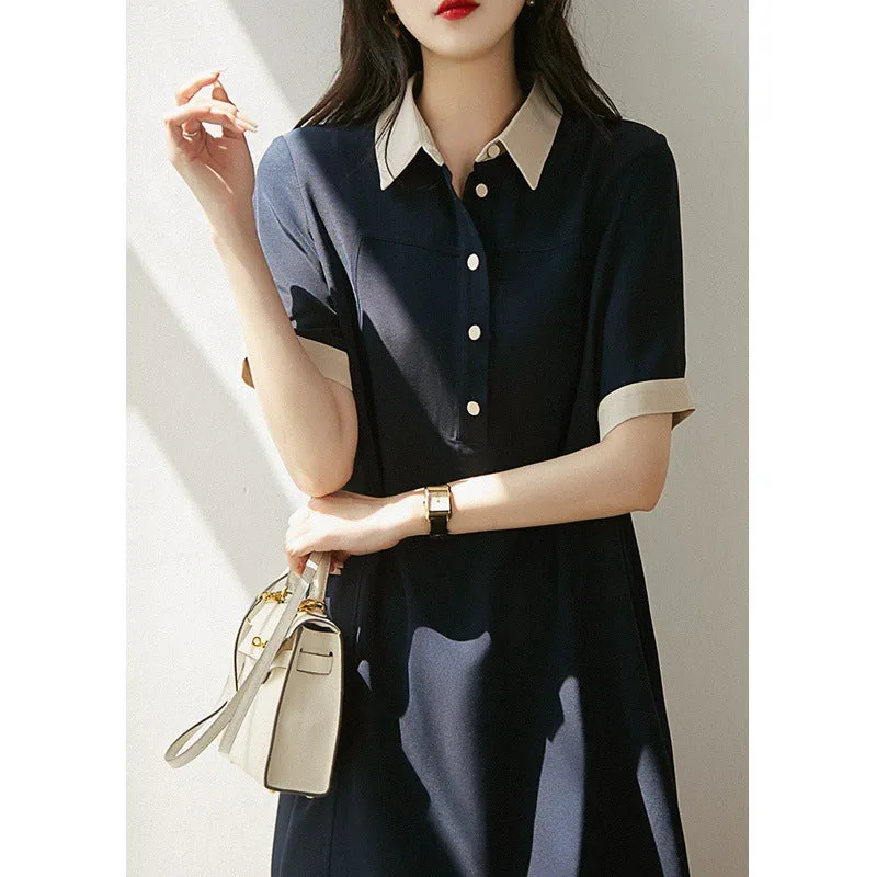 2025 Triacetic acid dress, age reduction and elegance!  summer new women's clothing Hepburn style little black dress POLO collar