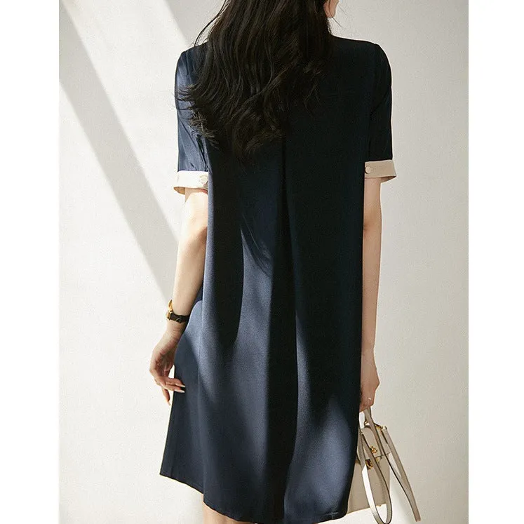 2025 Triacetic acid dress, age reduction and elegance!  summer new women's clothing Hepburn style little black dress POLO collar