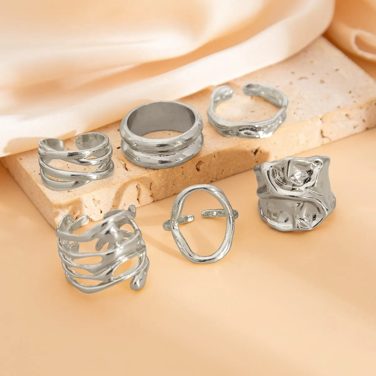 6 Pcs Geometric Pleated Hollow Pattern Stackable Ring Set