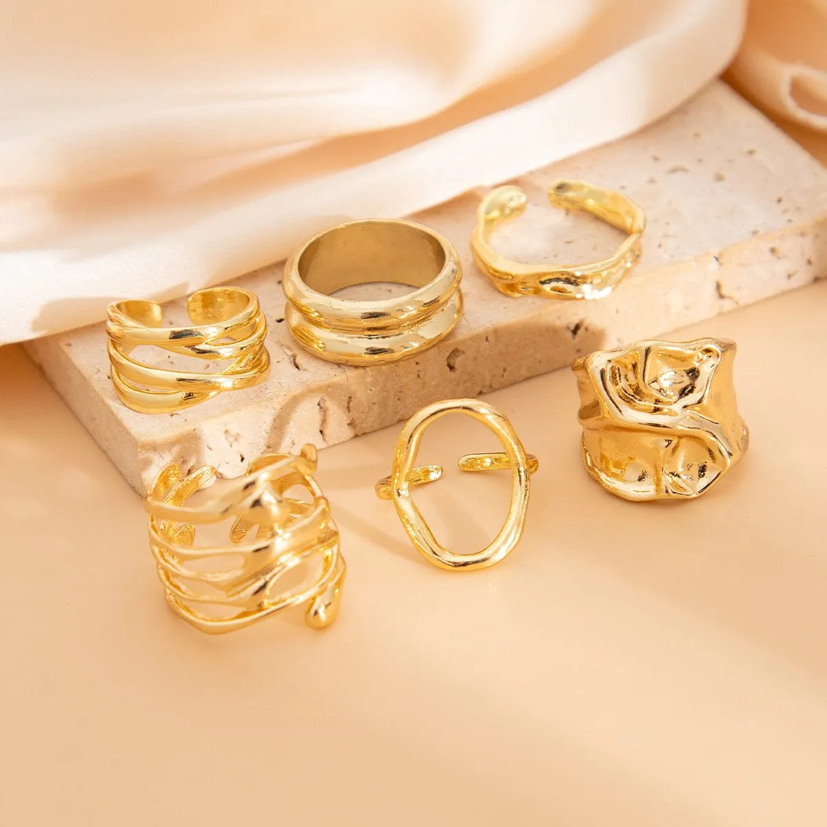 6 Pcs Geometric Pleated Hollow Pattern Stackable Ring Set