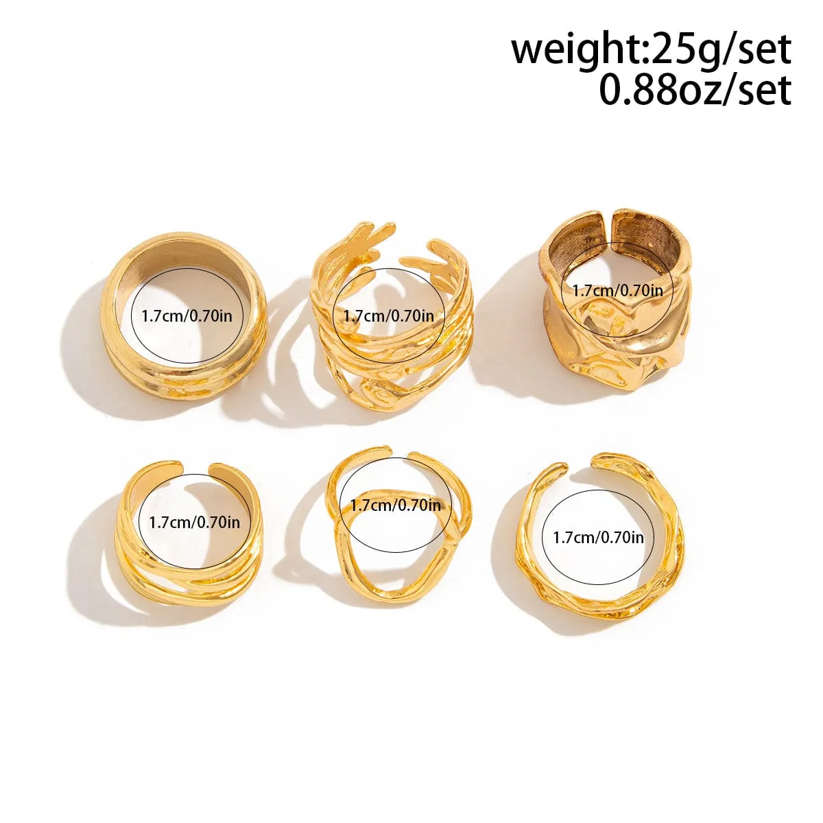 6 Pcs Geometric Pleated Hollow Pattern Stackable Ring Set