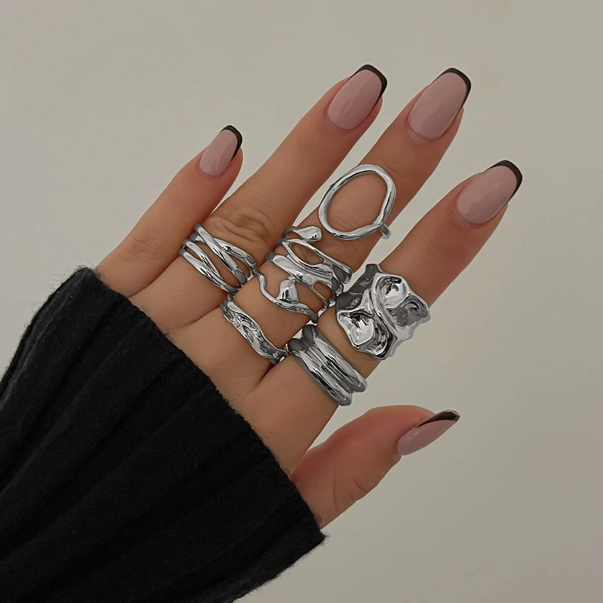6 Pcs Geometric Pleated Hollow Pattern Stackable Ring Set