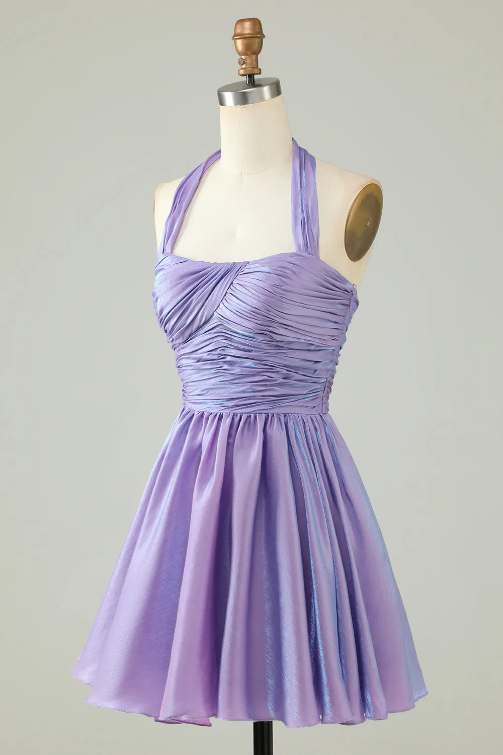 A Line Purple Halter Open Back Sleeveless Short Homecoming Dress