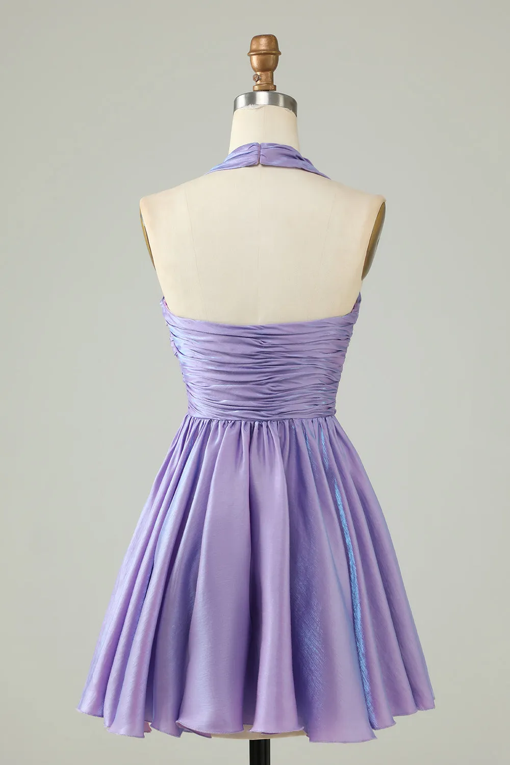 A Line Purple Halter Open Back Sleeveless Short Homecoming Dress