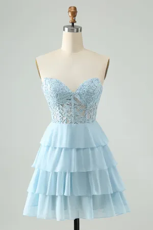 A Line Sweetheart Tiered Light Blue Short Homecoming Dress with Appliques