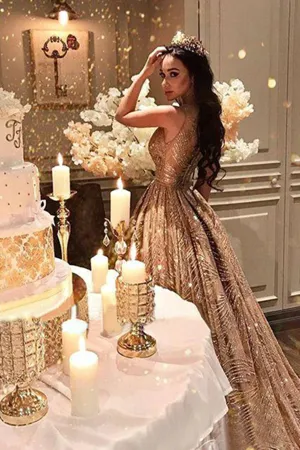 Anneprom Chic Sparkly Gold Prom Dress Unique Long Prom Dress Evening Gowns APP0630
