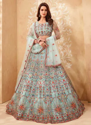 Aqua Blue Heavy Floral Embroidered Stylish Lehenga Choli