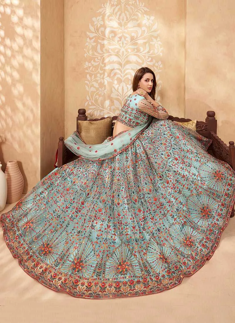 Aqua Blue Heavy Floral Embroidered Stylish Lehenga Choli