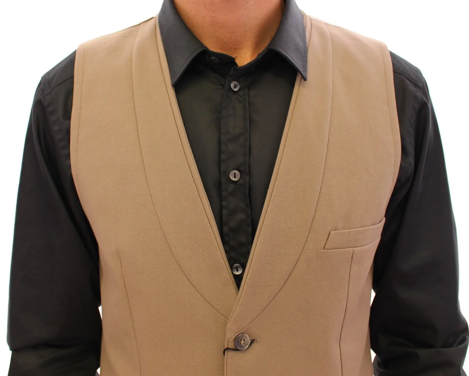 Beige Cotton Slim Fit Button Front Dress Vest