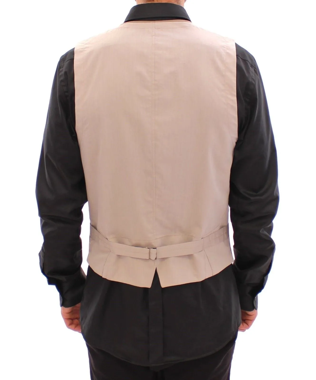 Beige Cotton Slim Fit Button Front Dress Vest