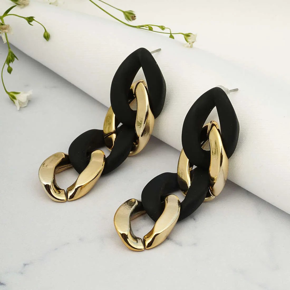 Black & Gold Curb Chain Earrings