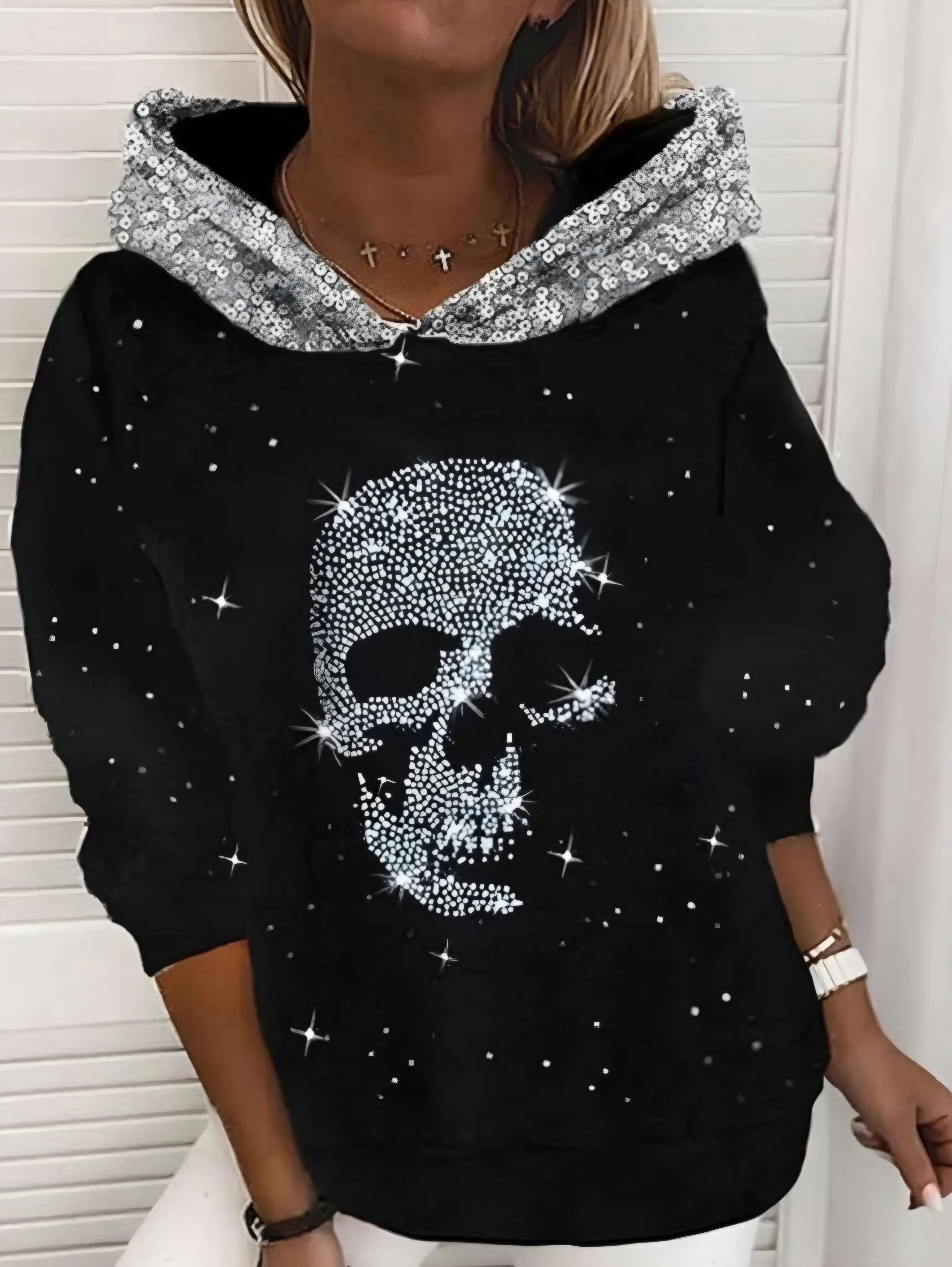Black and Silver Sequin Skull Slimming Round Neck Pullover Hoodie