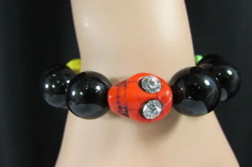 Black Beads Adjustable Bracelet Elastic Yellow Orange Red Green Skulls Halloween