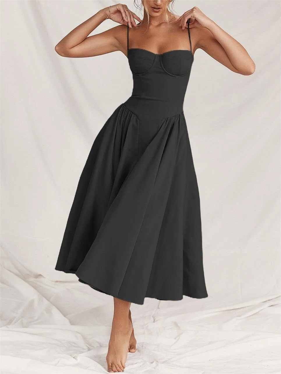 Black Bustier Cami Dress With Pockets