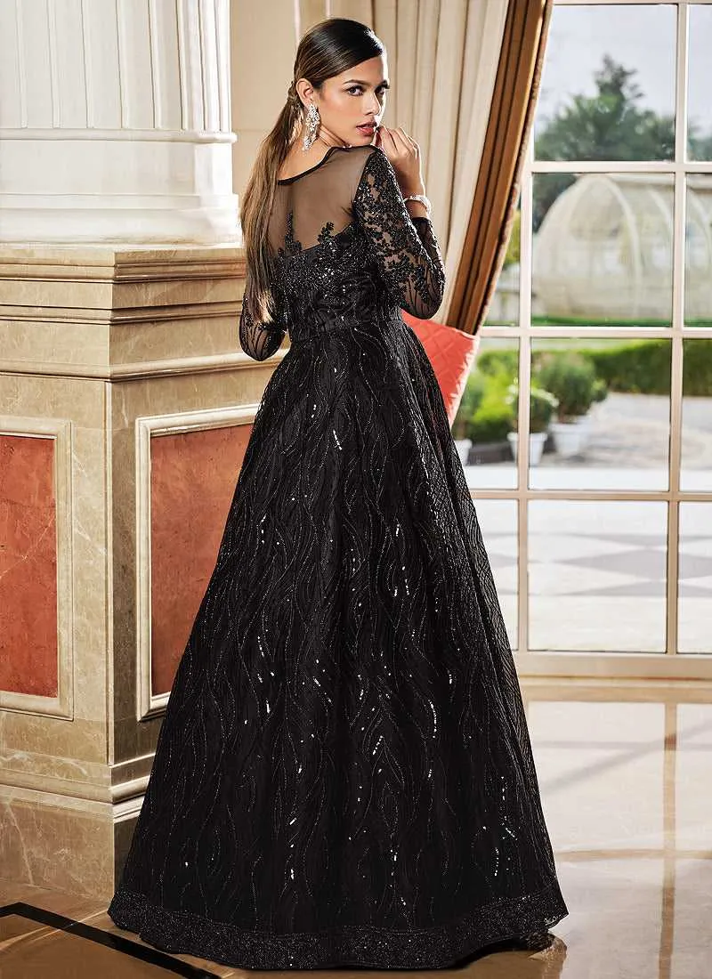 Black Floral Embroidered Stylish Lehenga/ Pant Style Anarkali