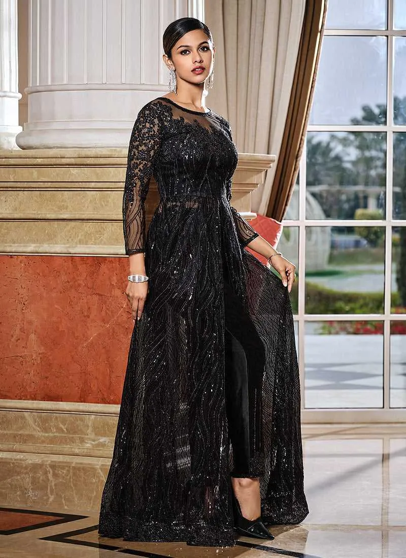 Black Floral Embroidered Stylish Lehenga/ Pant Style Anarkali