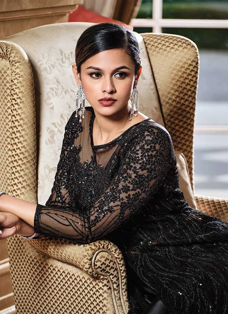 Black Floral Embroidered Stylish Lehenga/ Pant Style Anarkali