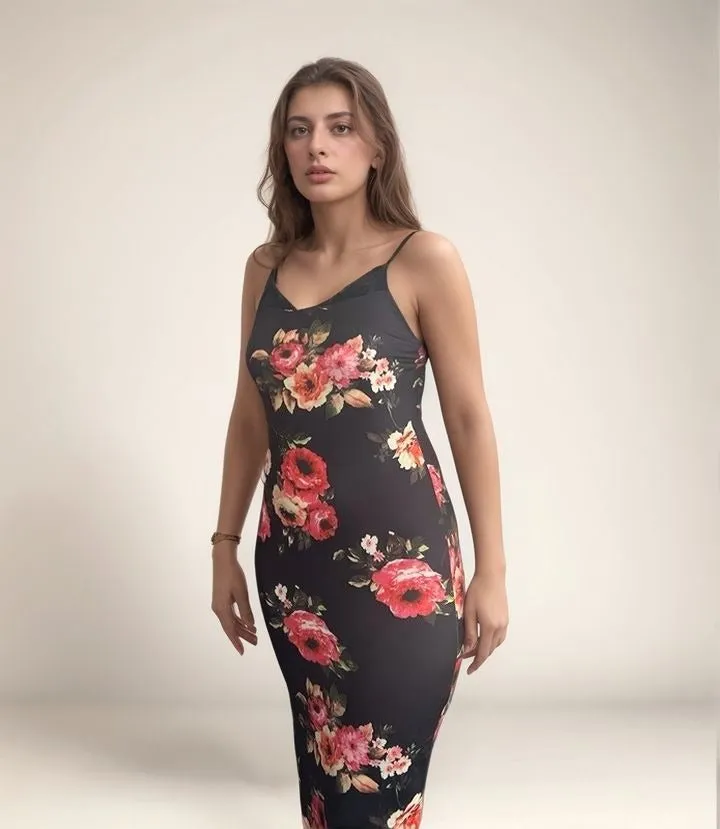 Black Floral Printed Bodycon Dress