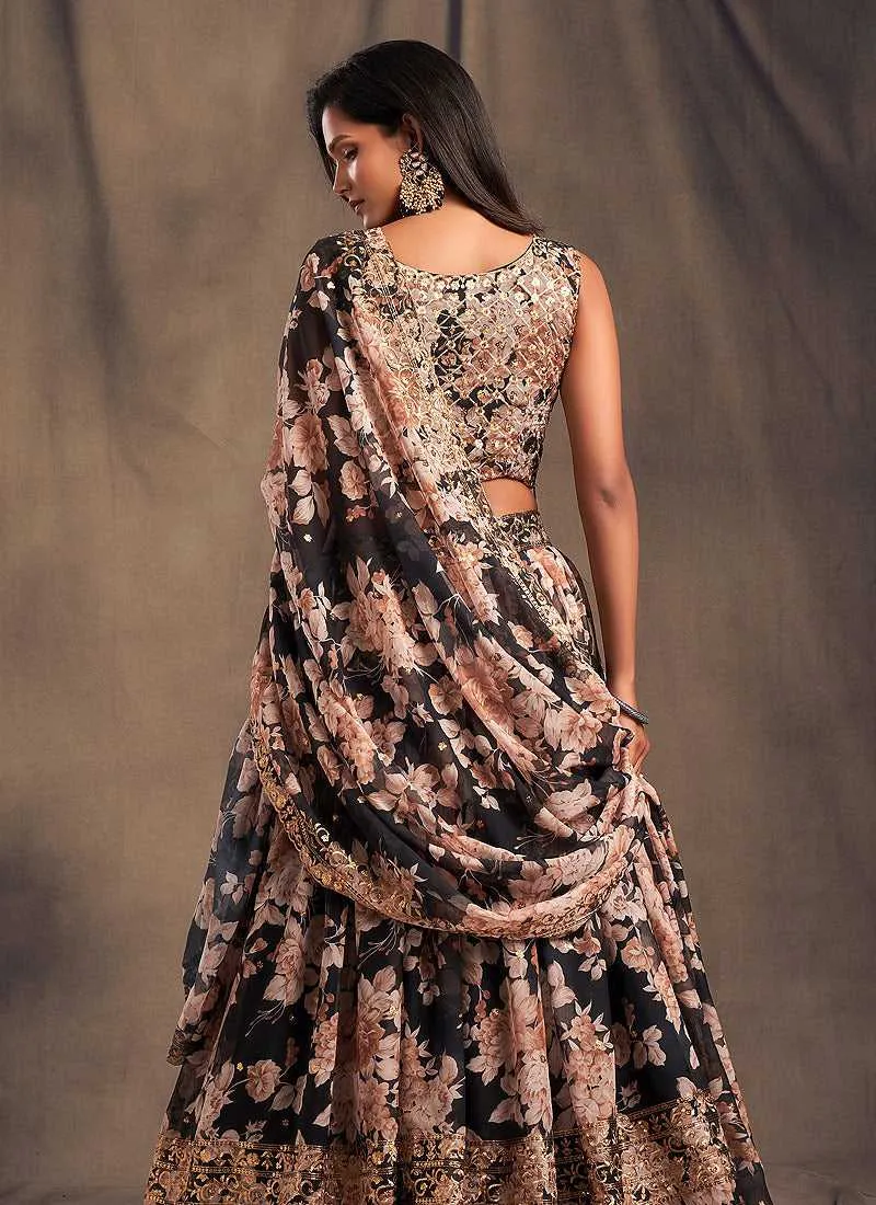 Black Floral Printed Stylish Embroidered Lehenga Choli