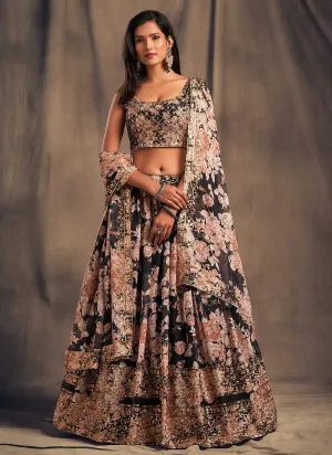 Black Floral Printed Stylish Embroidered Lehenga Choli