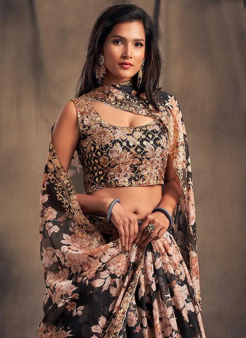 Black Floral Printed Stylish Embroidered Lehenga Choli