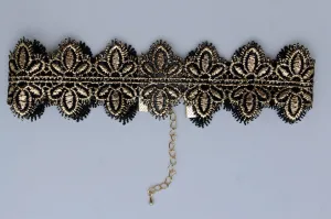 Black Gold Metallic Lace Fabric Wide Band Choker Necklace