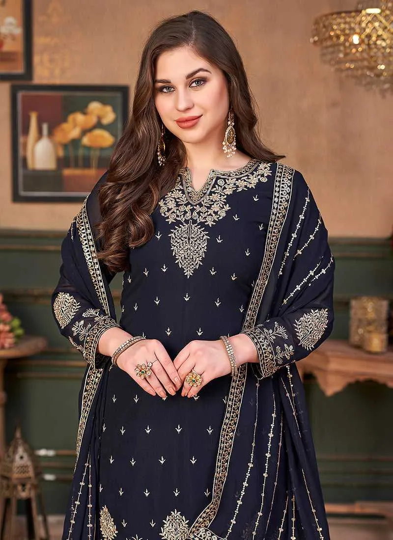 Black Heavy Embroidered Stylish Palazzo Suit
