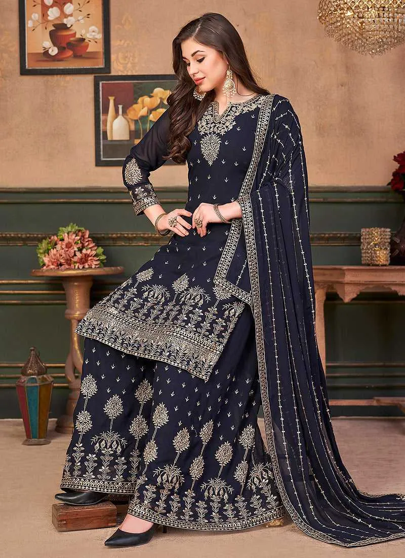 Black Heavy Embroidered Stylish Palazzo Suit
