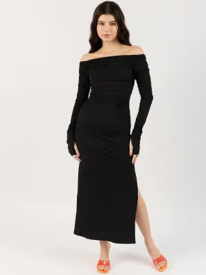 Black Off-Shoulder Ruched Dress