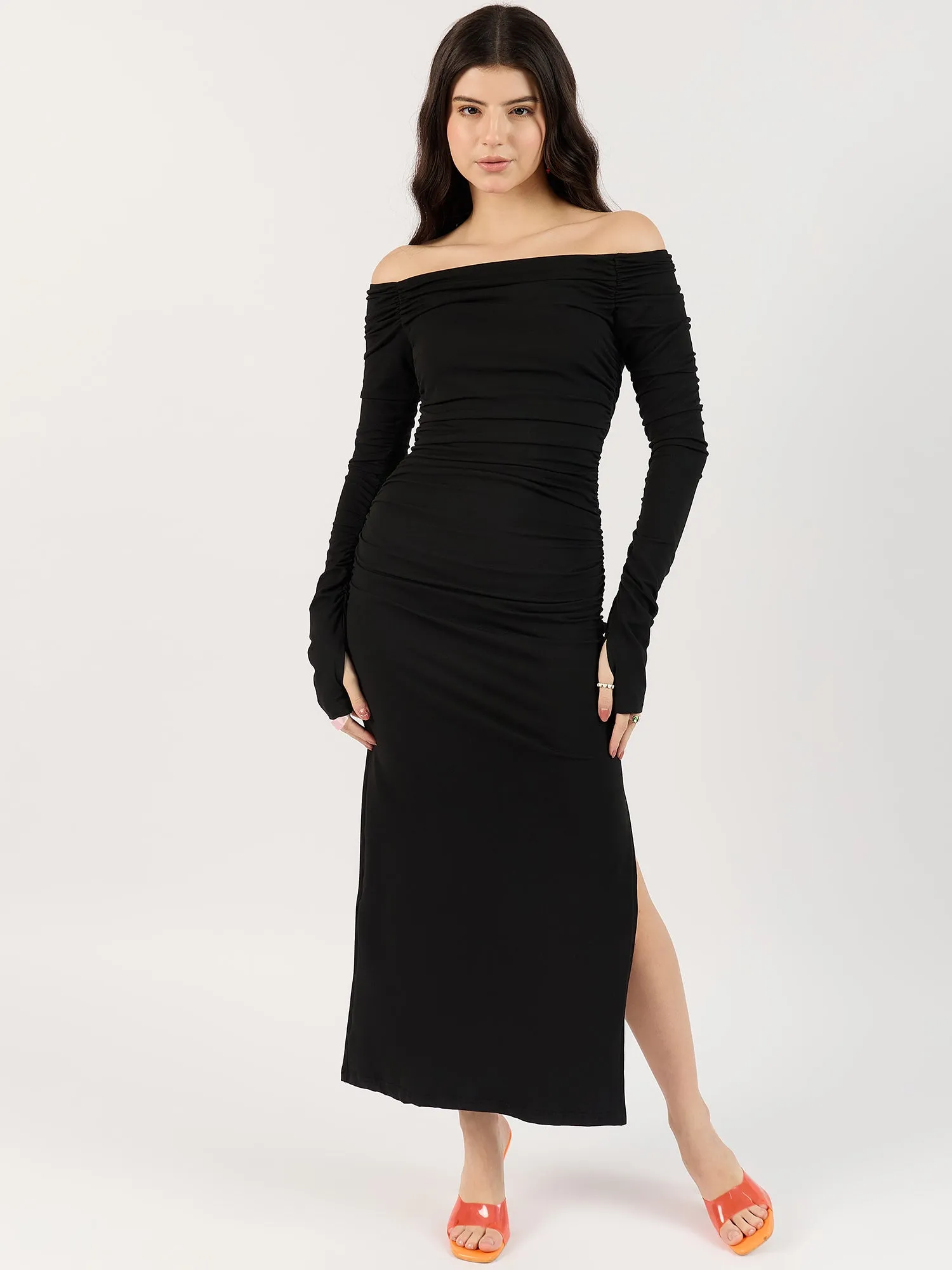 Black Off-Shoulder Ruched Dress
