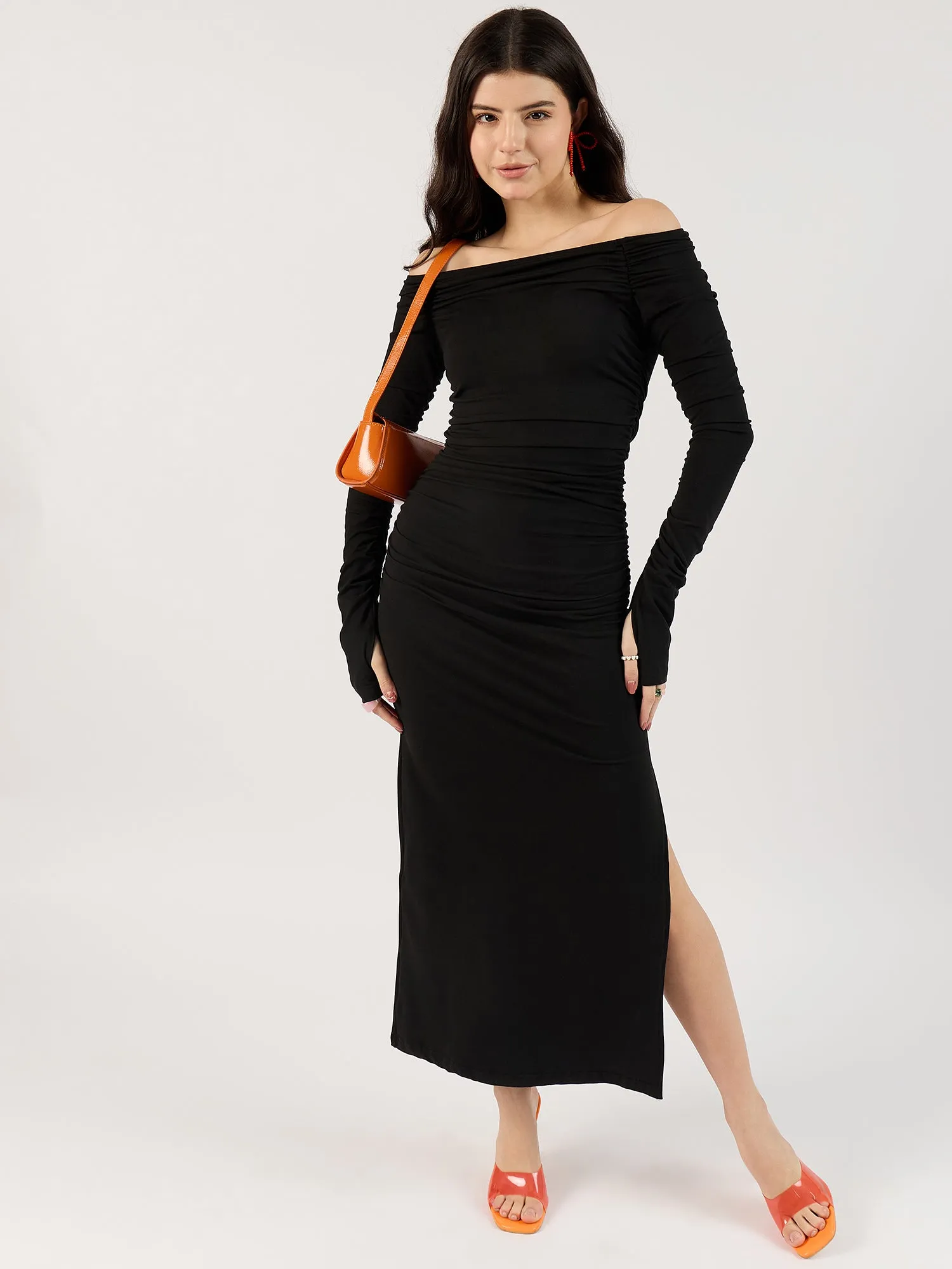 Black Off-Shoulder Ruched Dress