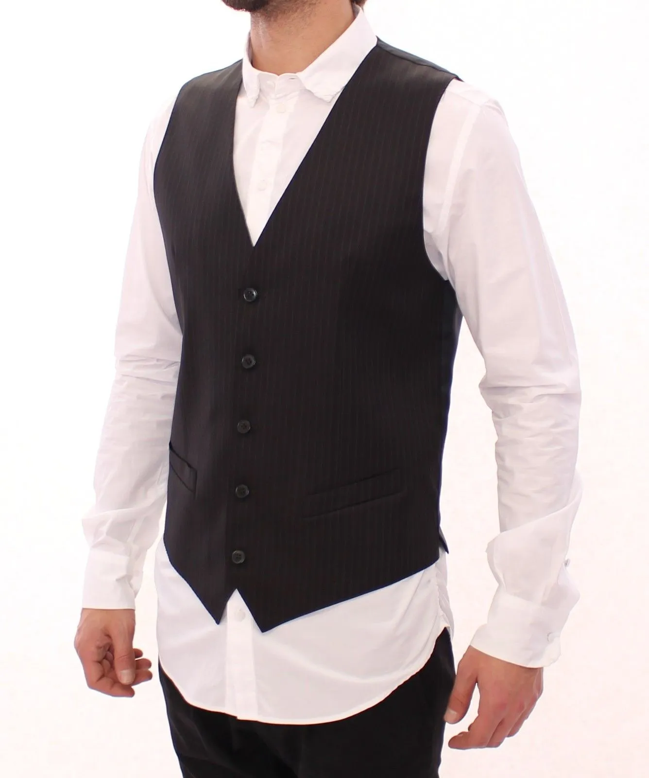 Black Striped Wool Single Breasted Vest