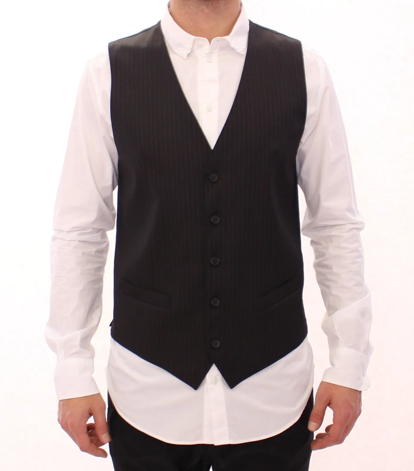 Black Striped Wool Single Breasted Vest