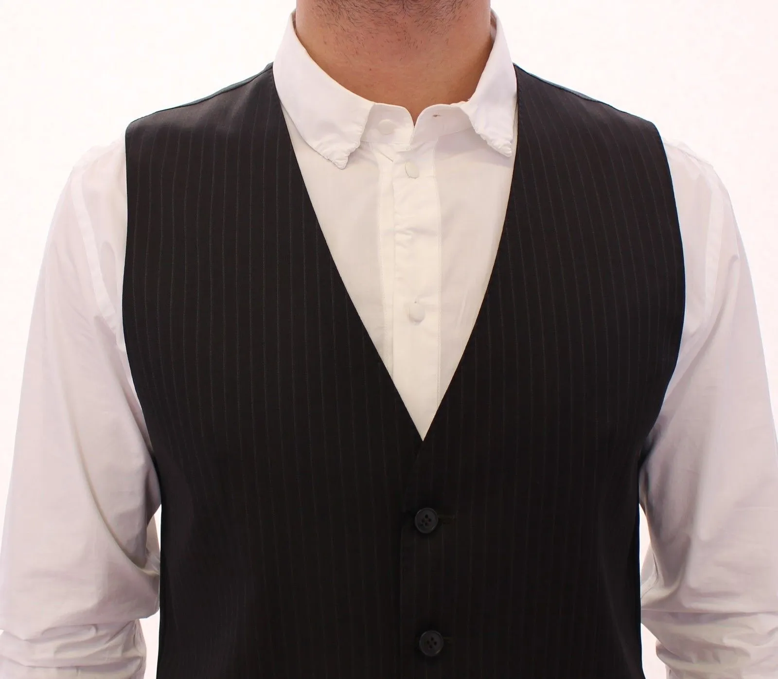 Black Striped Wool Single Breasted Vest