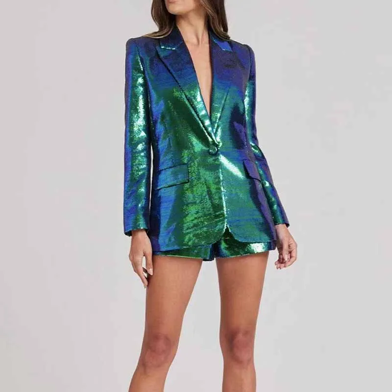BLING BLING Long Sleeve Blazer and Shorts Suit Set Sparkly Two Piece Suit