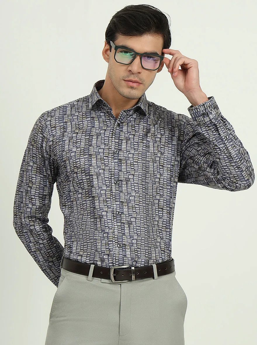 Blue & Grey Printed Slim Fit Party Wear Shirt | Greenfibre