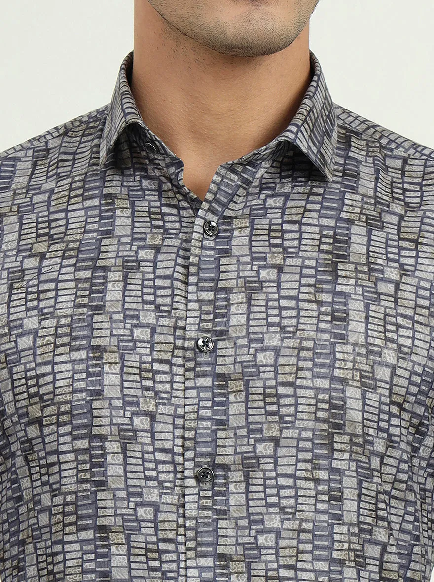 Blue & Grey Printed Slim Fit Party Wear Shirt | Greenfibre