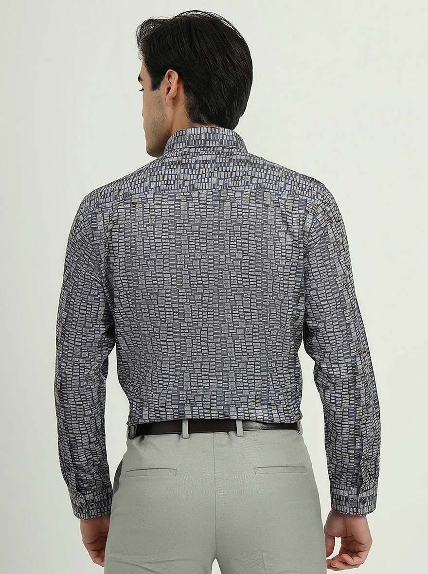 Blue & Grey Printed Slim Fit Party Wear Shirt | Greenfibre