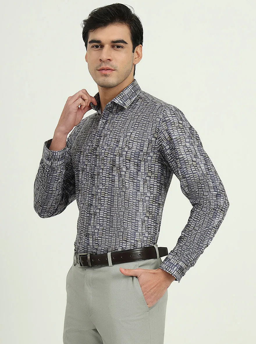 Blue & Grey Printed Slim Fit Party Wear Shirt | Greenfibre
