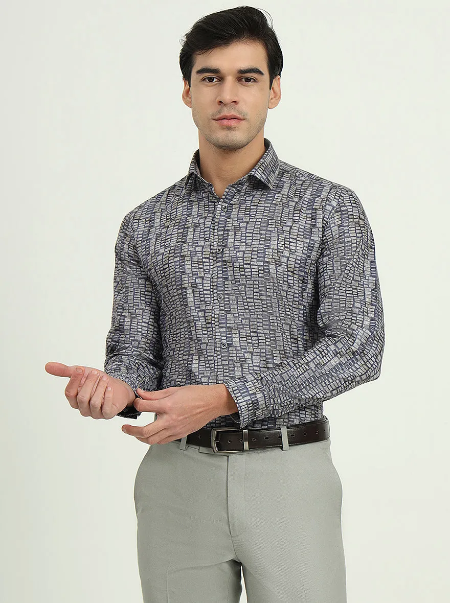 Blue & Grey Printed Slim Fit Party Wear Shirt | Greenfibre