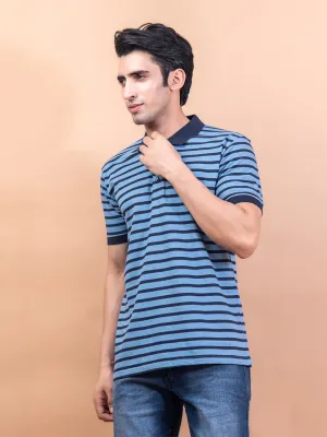 Blue Color Strips Polo Neck Cotton T-Shirt For Men