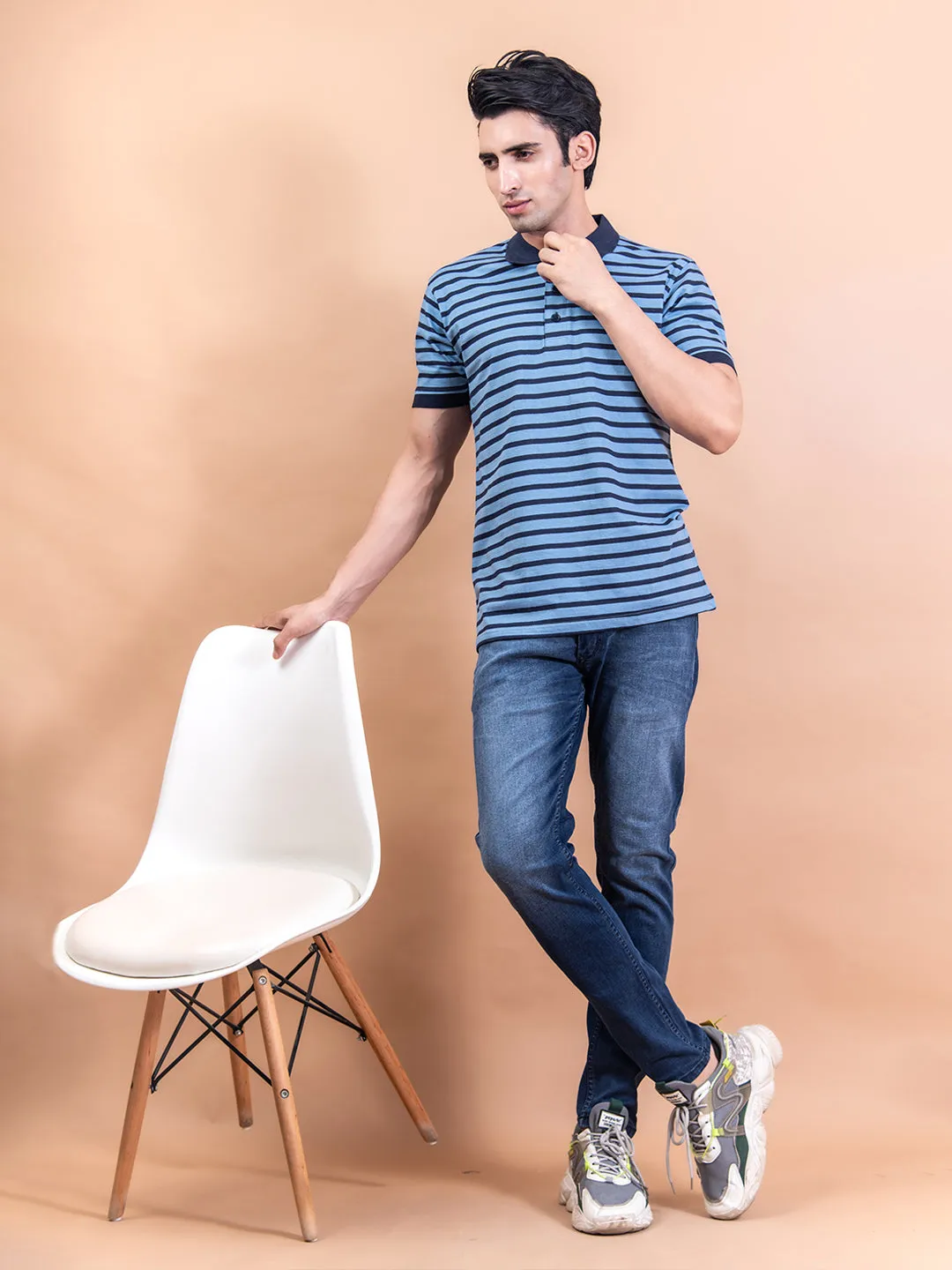 Blue Color Strips Polo Neck Cotton T-Shirt For Men